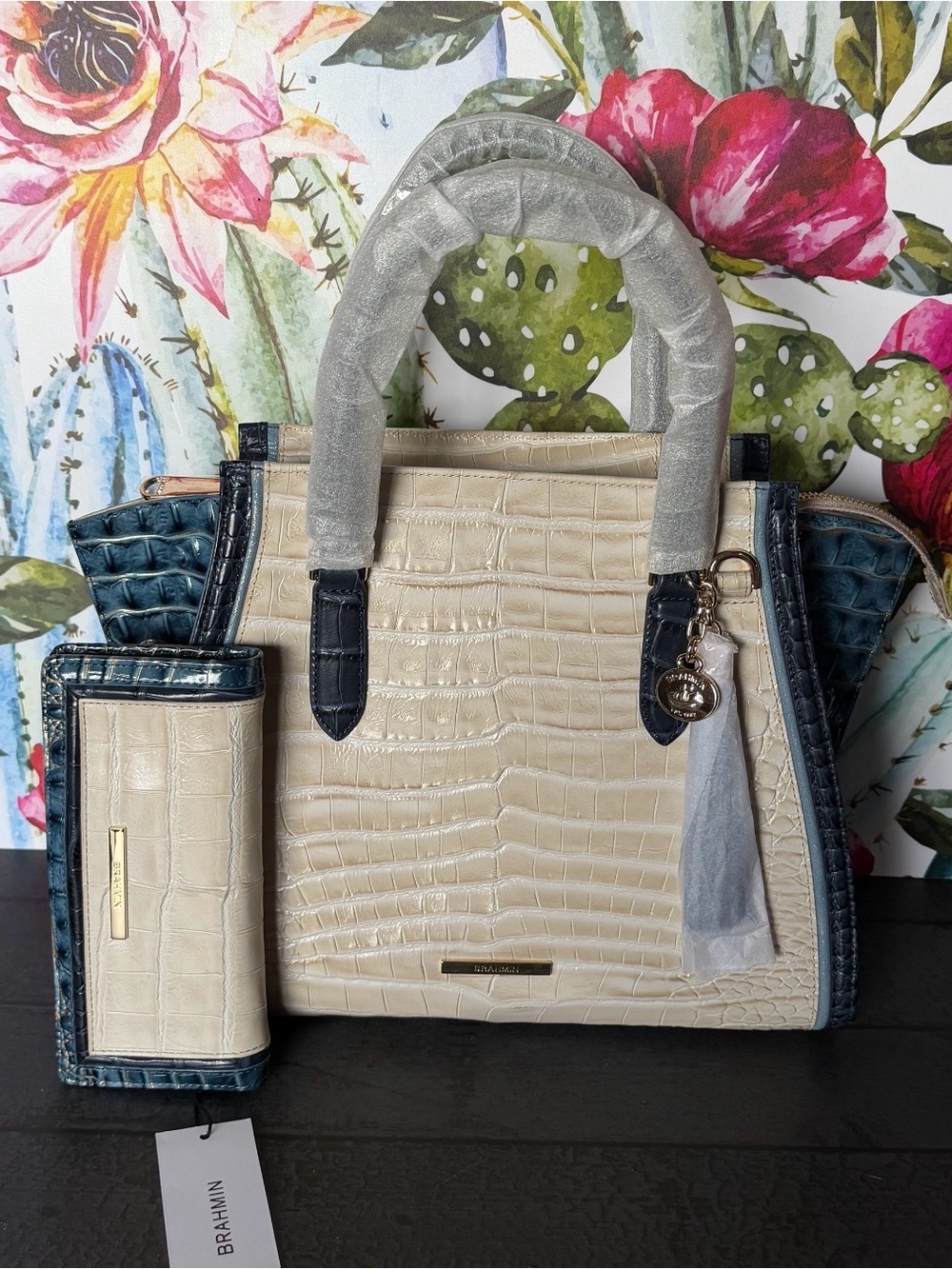BRAHMIN PRISCILLA MINDFUL GREY ACOUSTIC SATCHEL & MATCHING WALLET RARE FIND NWT